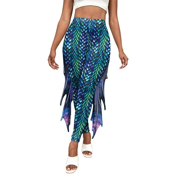 YONGHS Women Mermaid Legging Fish Scale Fin Fitness Long Leggings Pants Tights Trousers Green S