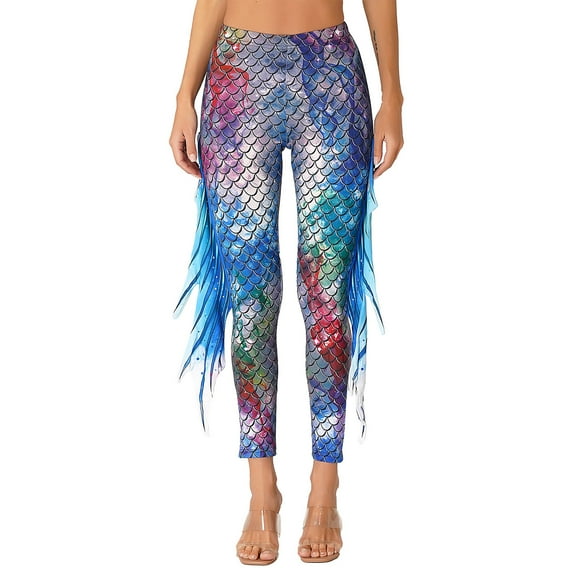 YONGHS Women Mermaid Legging Fish Scale Fin Fitness Long Leggings Pants Tights Trousers Multicolor L