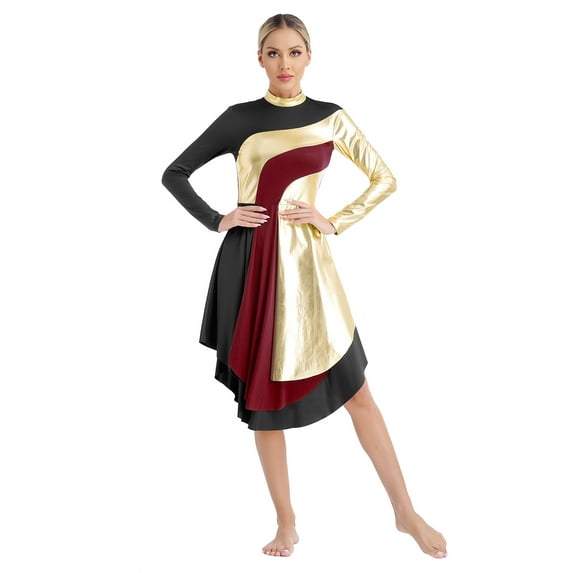 YONGHS Women Metallic Color Block Lyrical Dance Dress Liturgical Dancewear Praise Tunic Overlay Black XXL