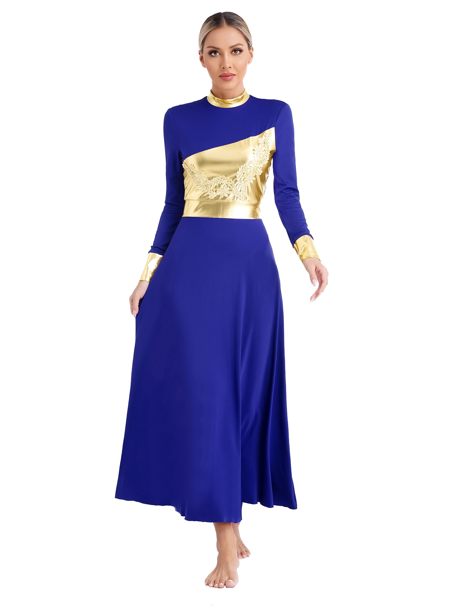 Long Sleeve Worship Costume Church Robe Girl's Praise Dance Dress - Gold  Metallic Long Sleeve Liturgical Worship Costume Flowy Swing Skirt Dancewear