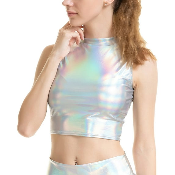 YONGHS Women Metallic Shiny Sleeveless Crop Top Ladies T-Shirt Vest S-XXL Silver B XXL
