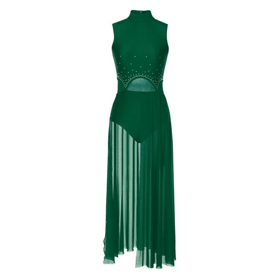 YONGHS Women Modern Lyrical Dance Split Sheer Dress Ballet Gym Leotard Stage Performance Costume Green XXL