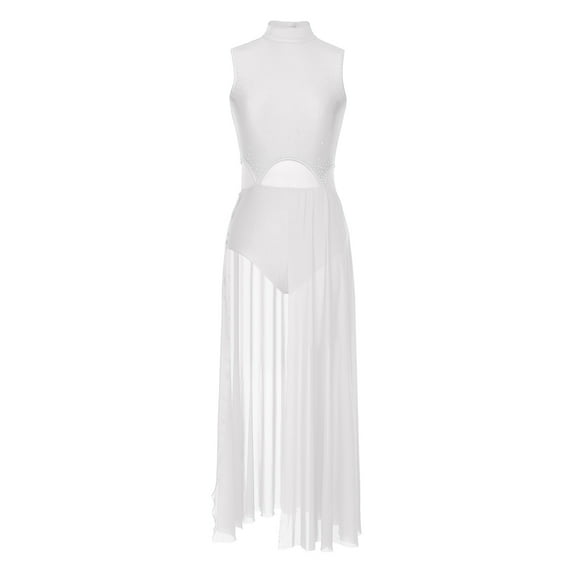 YONGHS Women Modern Lyrical Dance Split Sheer Dress Ballet Gym Leotard Stage Performance Costume White L