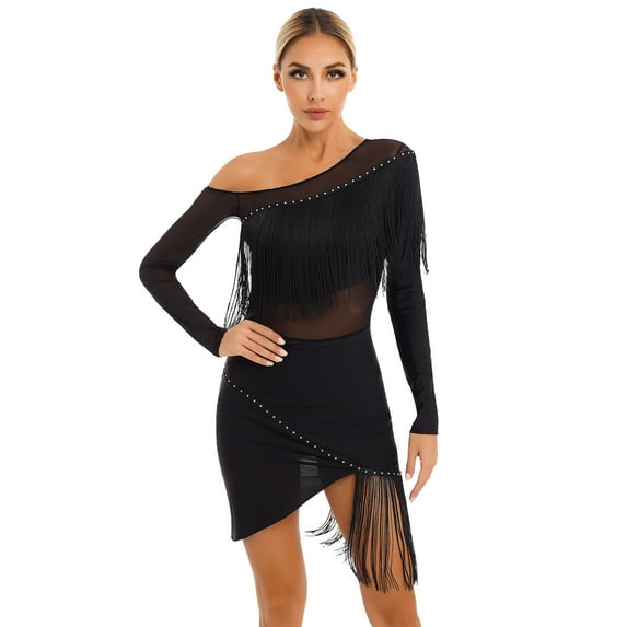 YONGHS Women Off Shoulder Mesh Patchwork Latin Dance Tassel Dress Salsa Cha Cha Dance Costume Black L