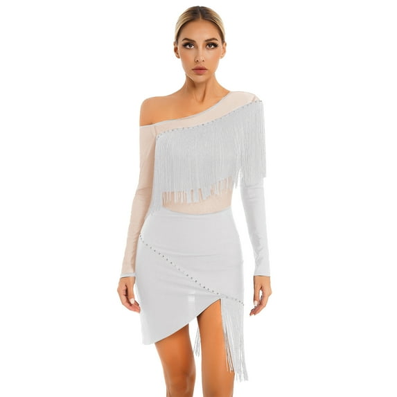 YONGHS Women Off Shoulder Mesh Patchwork Latin Dance Tassel Dress Salsa Cha Cha Dance Costume White M