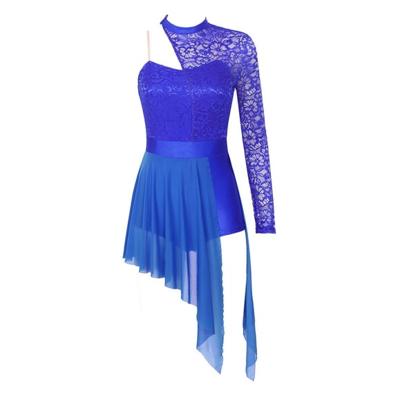 YONGHS Women One Shoulder Split Mesh Lyrical Dance Dress Ballet Skating Leotard Dress Royal Blue S