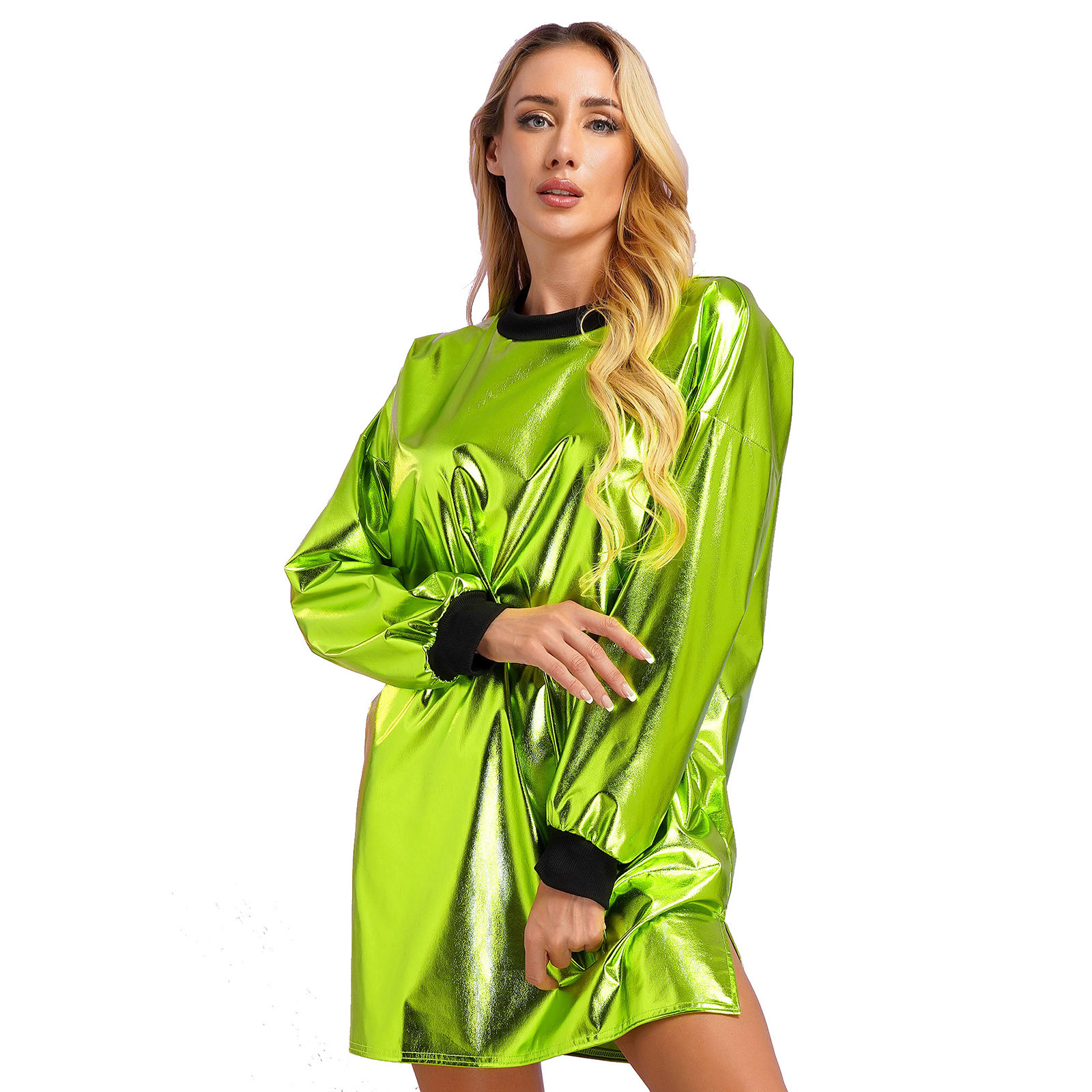YONGHS Women Shiny Rave Outfits Long Sleeve T-Shirt Dress Loose Mini Dress  Disco Dance Clubwear Green M - Walmart.com