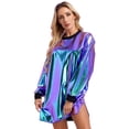 thumbnail image 1 of YONGHS Women Shiny Rave Outfits Long Sleeve T-Shirt Dress Loose Mini Dress Disco Dance Clubwear Holographic Blue L, 1 of 7