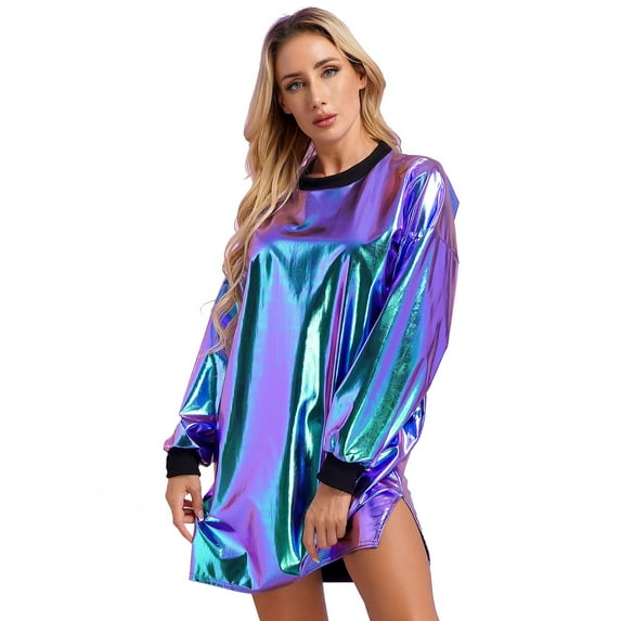 YONGHS Women Shiny Rave Outfits Long Sleeve T-Shirt Dress Loose Mini Dress Disco Dance Clubwear Holographic Blue L