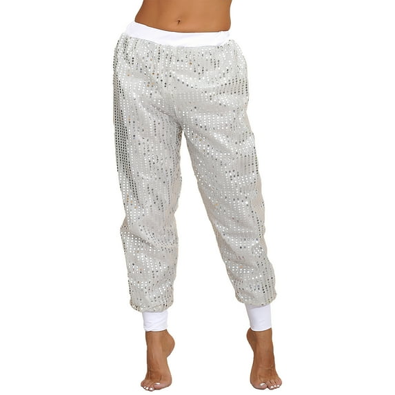 YONGHS Women Shiny Sequins Harem Pants Baggy Hippie Trousers Jazz Hip Hop Dance Pants White XXL/3XL(4X