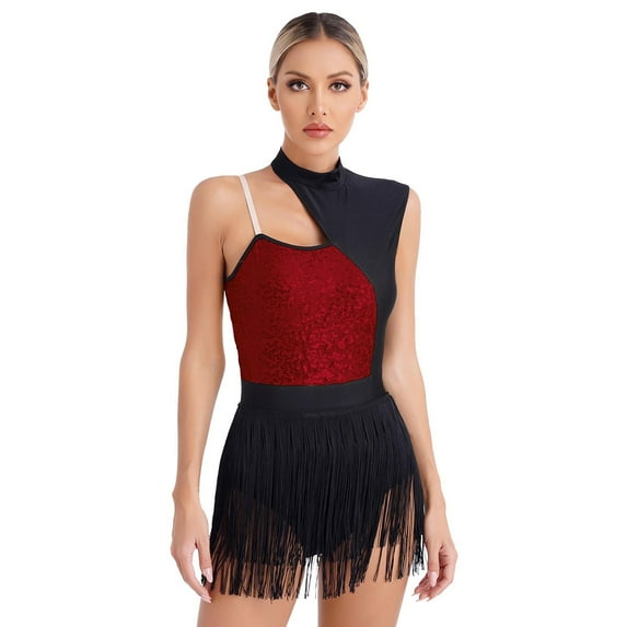 YONGHS Women Sleeveless Latin Jazz Dance Leotard Dress Competition Performance Costume Burgundy S