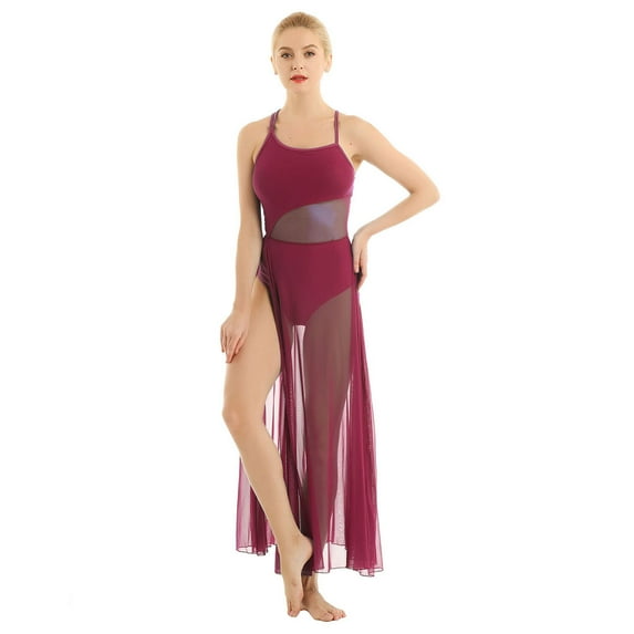 YONGHS Women Spaghetti Strap Mesh Flowy Lyrical Dance Dress Modern Contemporary Ballet Costume Burgundy XL