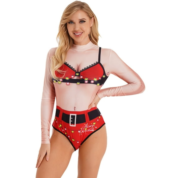 YONGHS Women Swimsuit Christmas Printing Push Up Swimwear Bodysuit Bathing Suit Red Lights L/XL
