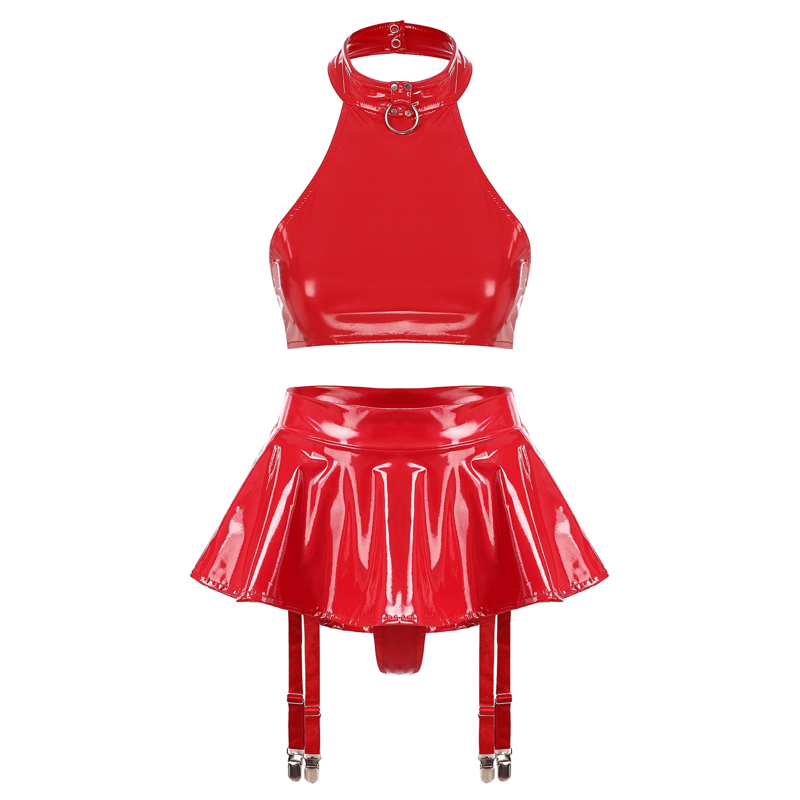 YONGHS Women Two Piece Latex Hollow Out Halter Crop Top with Mini Skirt Garter Belt Set Clubwear Red M Walmart
