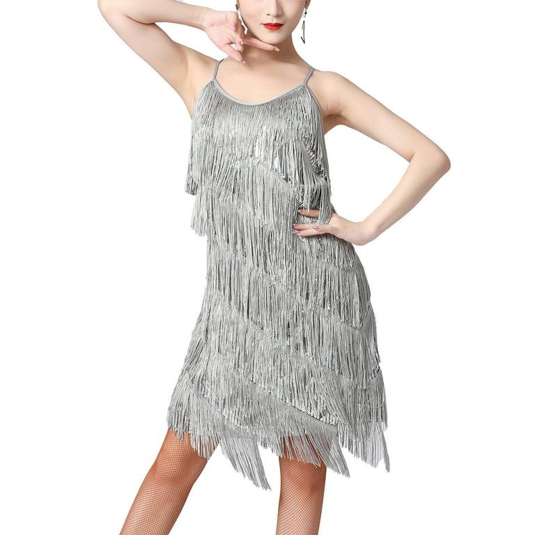 YONGHS Women s 1920s Vintage Fringed Dress Spaghetti Straps Tassel Flapper Cocktail Party Dress Gray S Walmart