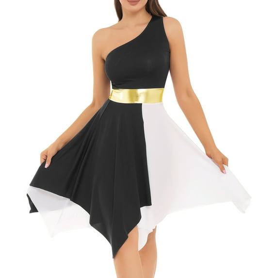 YONGHS Women's Asymmetrical Liturgical Praise Dance Dress One Shoulder Color Block Lyrical Dance Costume Black XL
