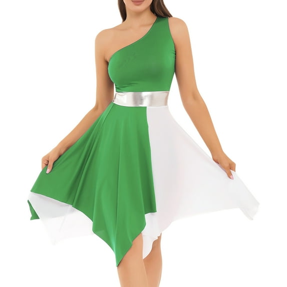 YONGHS Women's Asymmetrical Liturgical Praise Dance Dress One Shoulder Color Block Lyrical Dance Costume Light Green XL