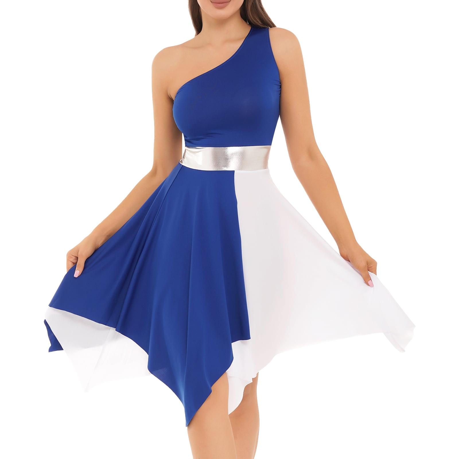 YONGHS Women s Asymmetrical Liturgical Praise Dance Dress One Shoulder Color Block Lyrical Dance Costume Royal Blue L
