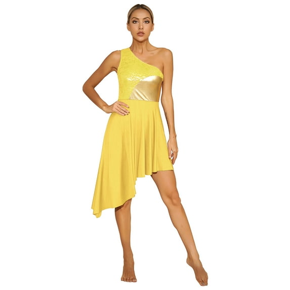 YONGHS Women's Asymmetrical Liturgical Praise Dancewear Tunic One Shoulder Lace Patchwork Dresses Yellow S