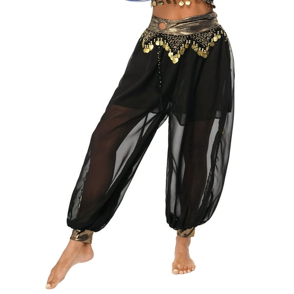YONGHS Women's Belly Dance Arabic Performance Harem Pants Chiffon Shiny Beads Tassel Trousers Black One Size