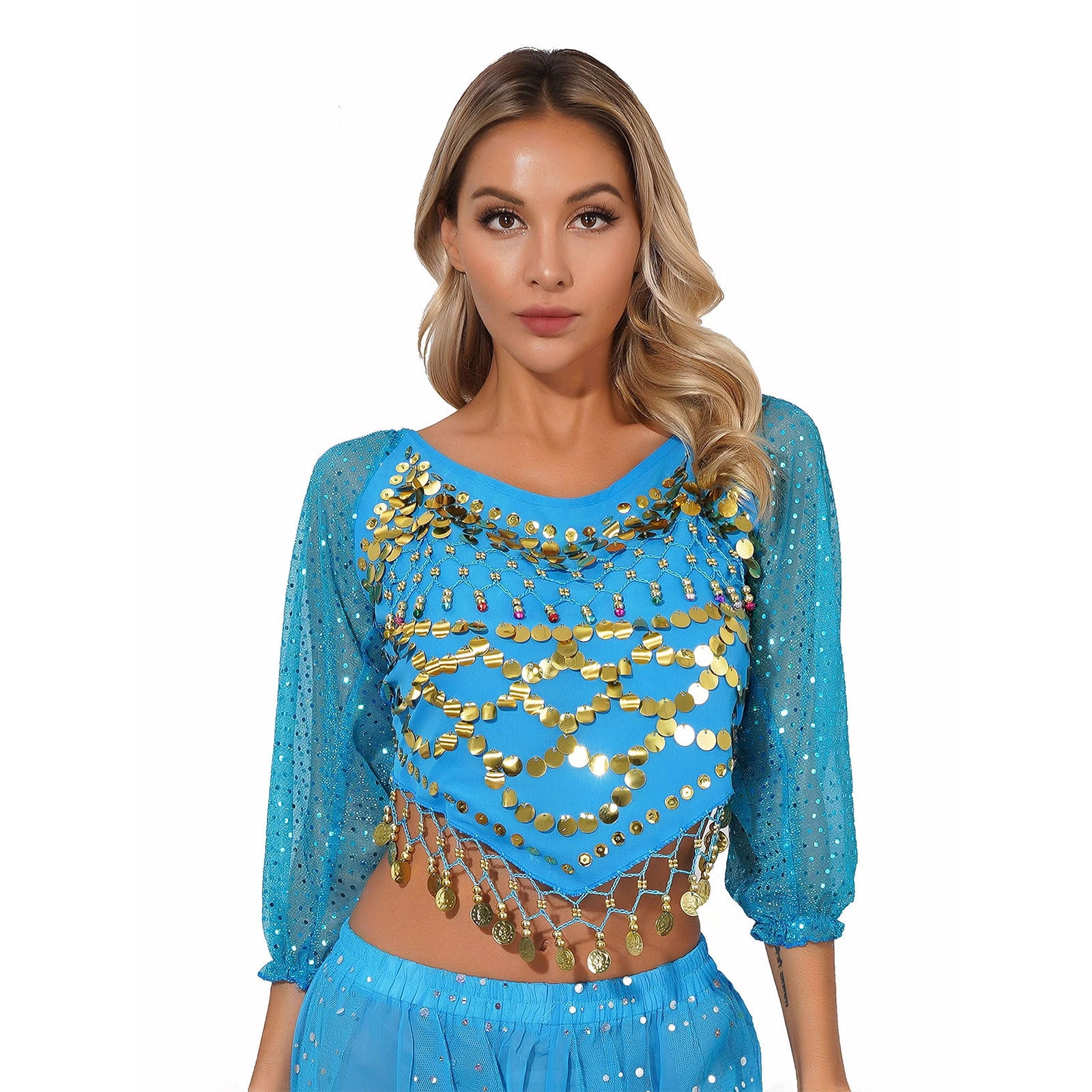 YONGHS Women's Belly Dance Chiffon Tops Sequined Beaded Tassel Crop Top — free download
