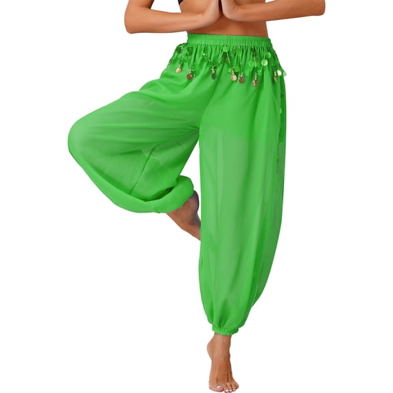 YONGHS Women's Belly Dance Costume Coins Side Split Lantern Harem Pants Arabic Halloween Trousers Green One Size