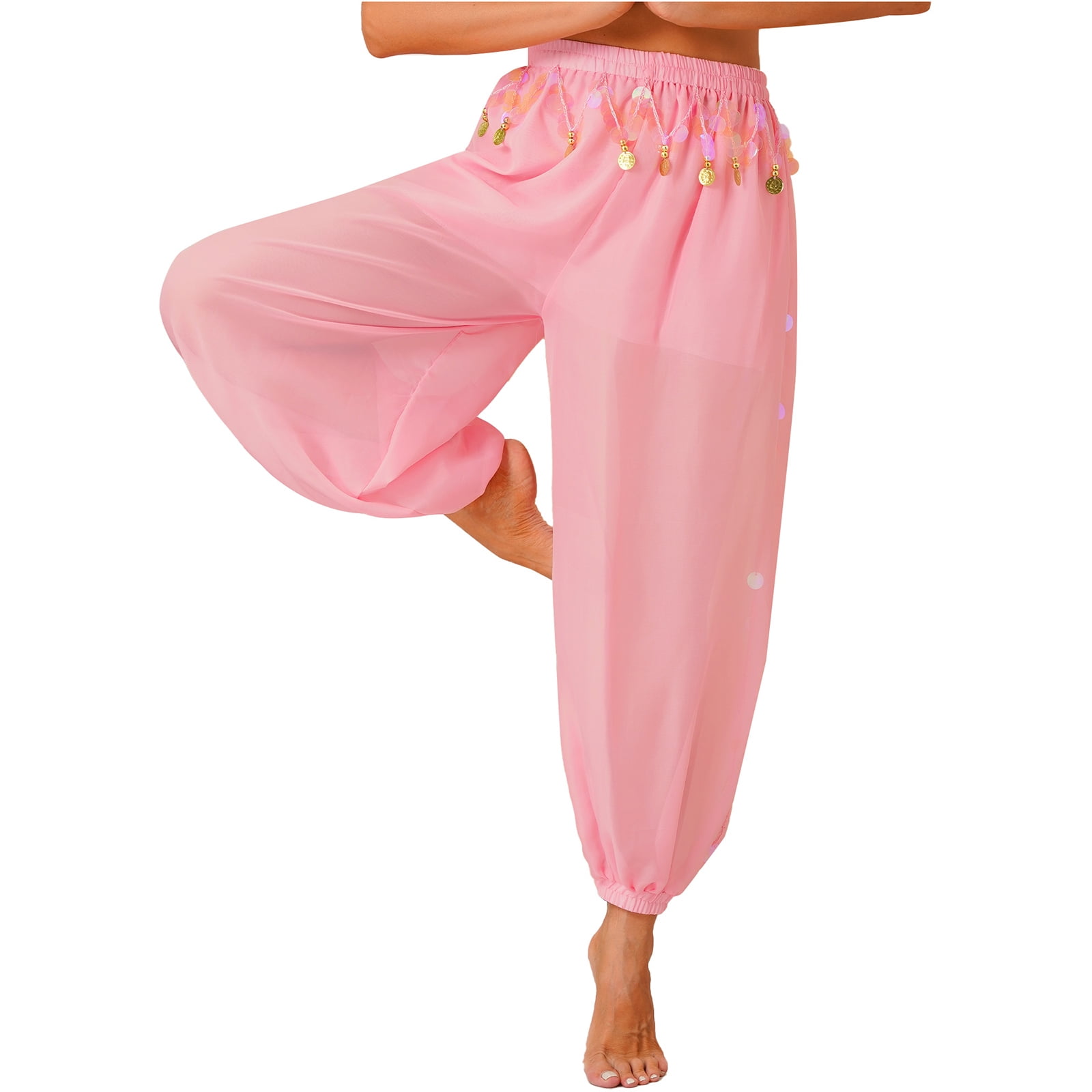 YONGHS Women's Belly Dance Costume Coins Side Split Lantern Harem Pants  Arabic Halloween Trousers Hot Pink One Size 