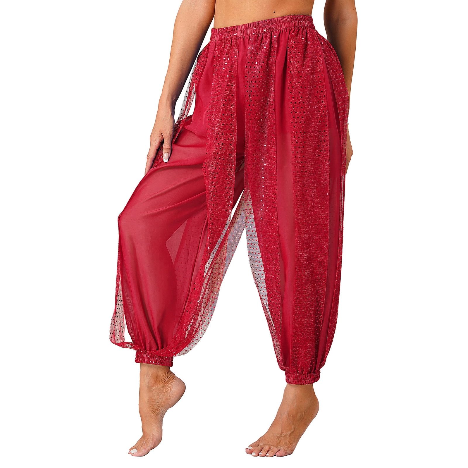 YONGHS Women's Belly Dance Costume Sequin Harem Lantern Pants Arabic  Halloween Trousers Purple One Size 