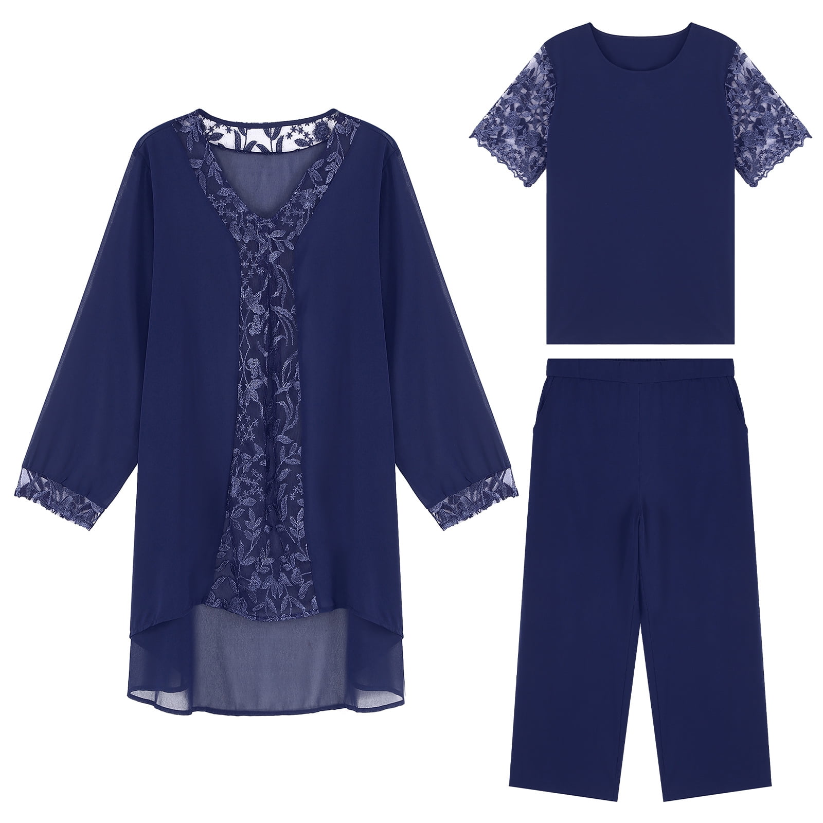 YONGHS Women's Chiffon 3 Pcs Pants Suits Mother of Bride Wedding Guest Formal Evening Gown Navy Blue XXL/2XL