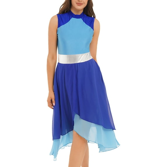 YONGHS Women's Color Block Irregular Dance Dress Sleeveless Liturgical Worship Dance Costume Blue S