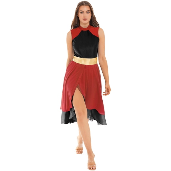 YONGHS Women's Color Block Irregular Dance Dress Sleeveless Liturgical Worship Dance Costume Red&Black XL