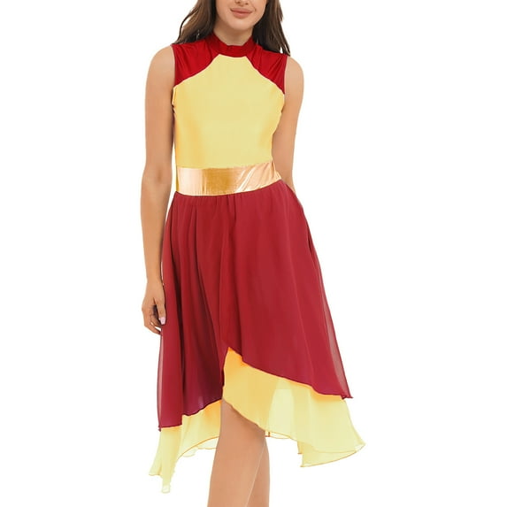 YONGHS Women's Color Block Irregular Dance Dress Sleeveless Liturgical Worship Dance Costume Red&Yellow XL
