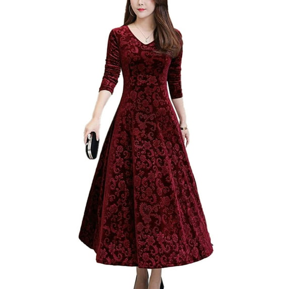 YONGHS Women's Elegant Velvet Long Sleeve Jacquard Maxi Swing Dress Winter Party Long Dresses Burgundy XL