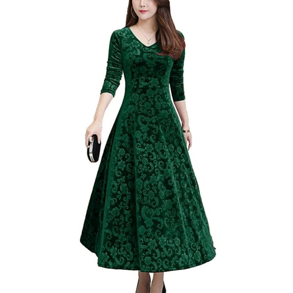 YONGHS Women's Elegant Velvet Long Sleeve Jacquard Maxi Swing Dress Winter Party Long Dresses Green 2XL
