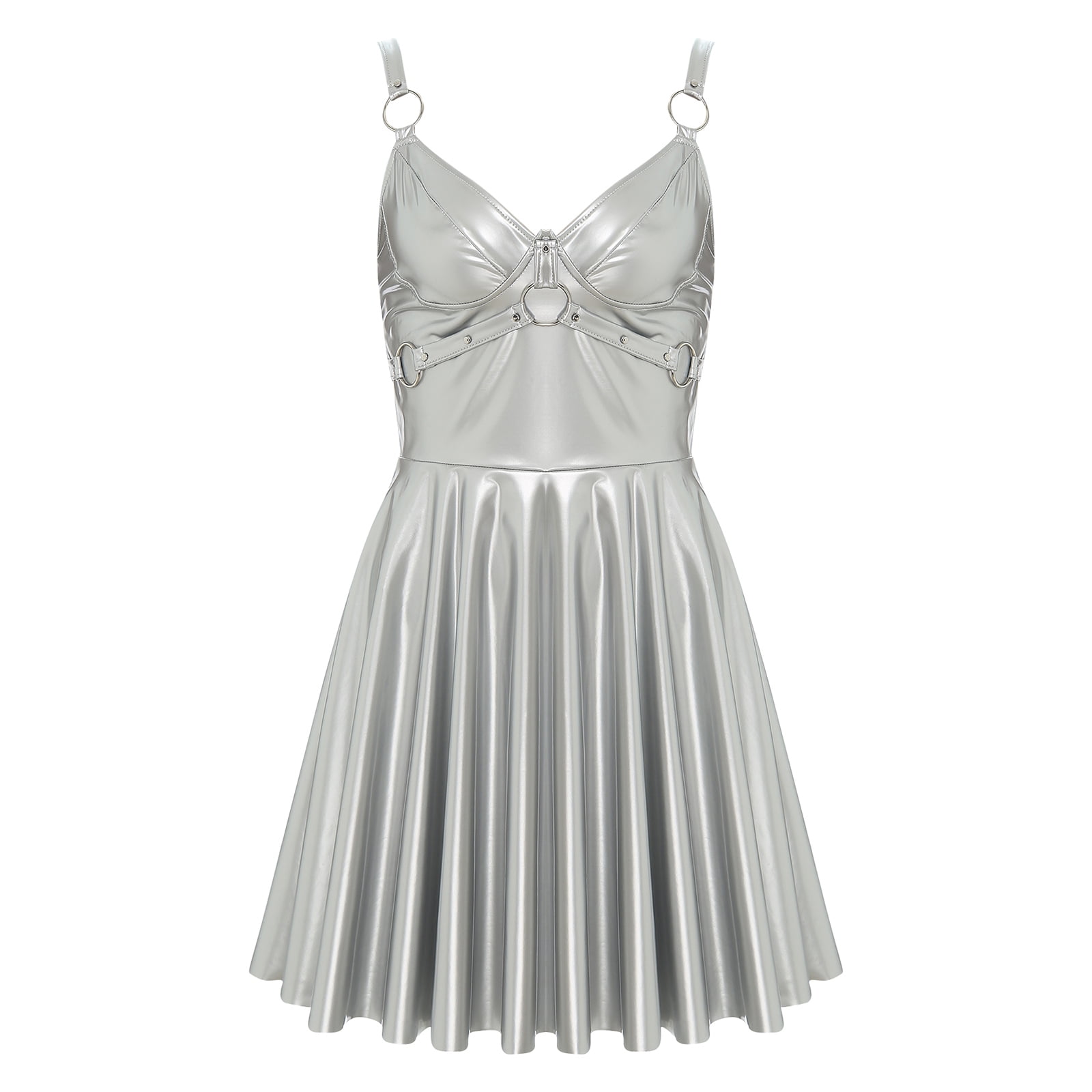 Silver Futuristic Pu Leather Crew Neck Fitted Mini Dress main image 1