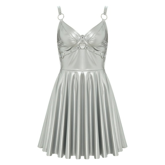 YONGHS Women's Faux Leather A-Line Dress Steampunk Ruffle Mini PU Dresses Rave Party Clubwear Silver XXL