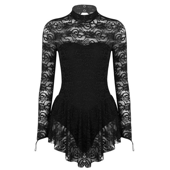 YONGHS Women's Floral Lace Ballet Dance Skirted Leotard Long Sleeve Figure Ice Skating Dress Black Large