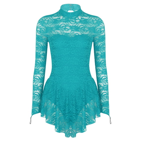 YONGHS Women's Floral Lace Ballet Dance Skirted Leotard Long Sleeve Figure Ice Skating Dress Teal Large