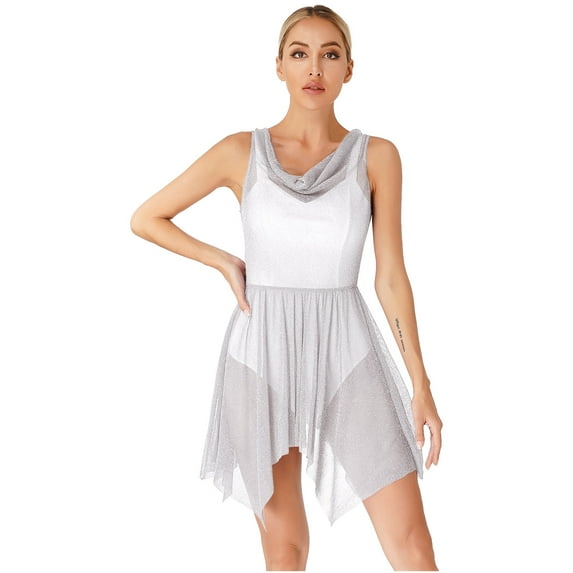YONGHS Women's Glitter Sleeveless Asymmetrical Hem Dance Dress Stage Performance Costume Silver XXL