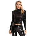 thumbnail image 1 of YONGHS Women's Glossy Long Sleeve Crop Tops Turtleneck Holographic Blouse for Raves Club Dance Black S, 1 of 7