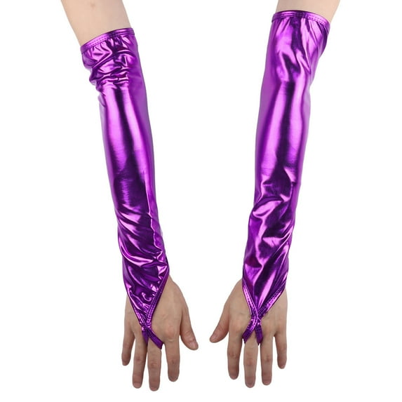 YONGHS Women's Gloves Shiny Metallic Fingerless Gloves Hand Cuffs Dance Party Clubwear Purple One Size