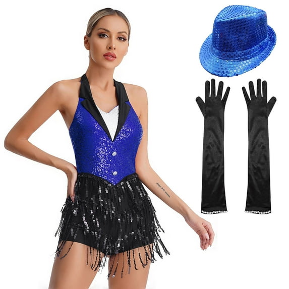 YONGHS Women's Halter Sequins Fringe Bodysuit Jumpsuit Jazz Ballet Latin Dance Dress with Gloves Hat Blue M