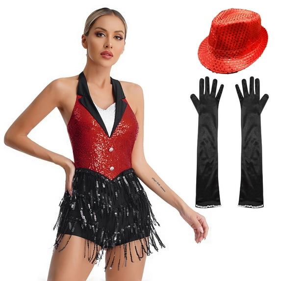 YONGHS Women's Halter Sequins Fringe Bodysuit Jumpsuit Jazz Ballet Latin Dance Dress with Gloves Hat Red XXL
