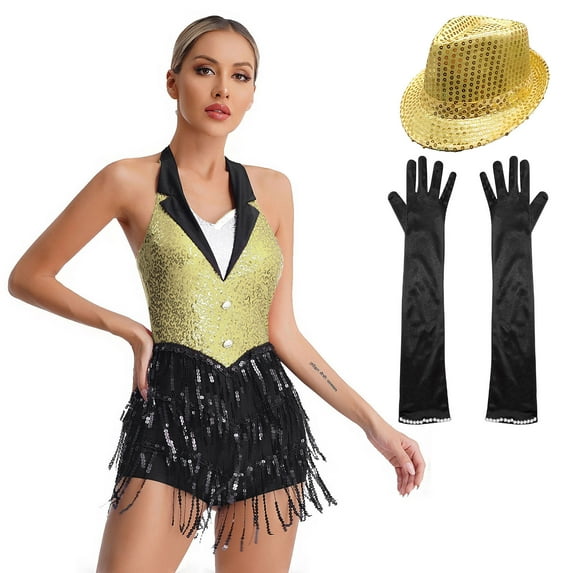 YONGHS Women's Halter Sequins Fringe Bodysuit Jumpsuit Jazz Ballet Latin Dance Dress with Gloves Hat Yellow M