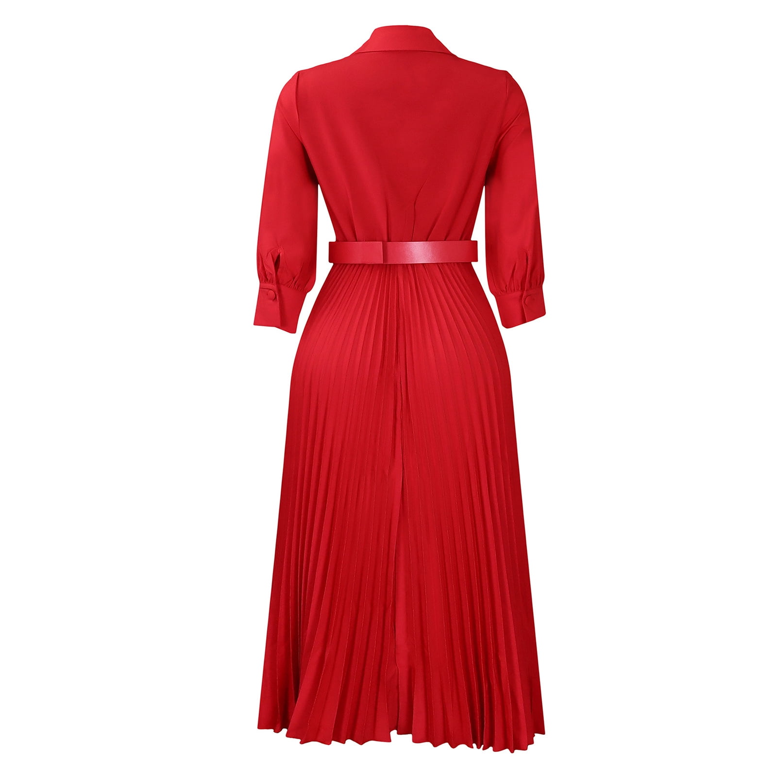 YONGHS Women's Lapel Belted Long Sleeve Pleated Midi Dress Business Casual  Shirt Dresses Red XXL - Walmart.com