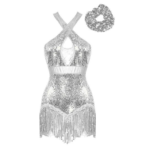 YONGHS Women's Latin Dance Costume Shiny Sequins Tassel Crisscross Leotard Gymnastics Jumpsuit Silver S