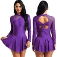thumbnail image 1 of YONGHS Women's Long Sleeve Mesh Patchwork Skating Dress Dance Athletic Leotard Gymnastics Costume Purple X-Large, 1 of 7