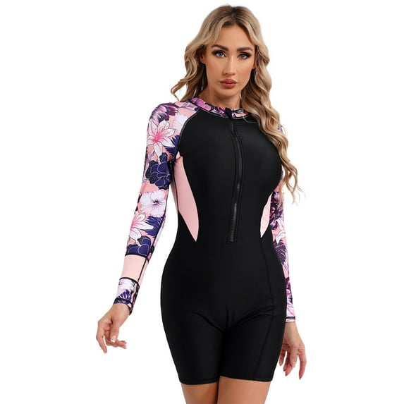 YONGHS Women's Long Sleeve One Piece Swimsuit Rash Guard Swimwear Athletic Surfing Bathing Suit Pink S