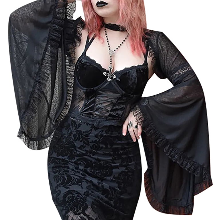 kyu様✨Blood Storm/ドクロチェーン/レースフルジップゴシック YONGHS Women's Long Sleeve Steampunk Lace Crop Top See-Through