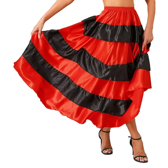 YONGHS Women's Long Swing Layered Skirt for Flamenco Belly Dance Spanish Bull Performance Costume Type A 180 Degree One Size